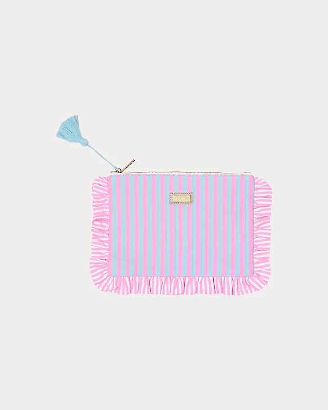Fresh Water Blue x Conch Shell Pink Stripe Ruffle Pencil Pouch