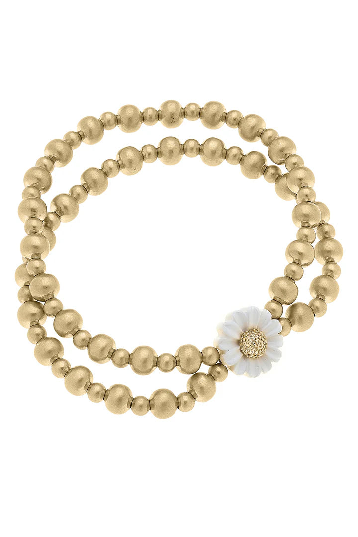 Gerber Daisy 2-Row Ball Bead Stretch Bracelet in Satin Gold