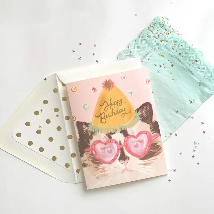 Happy Birthday Cat with Heart Glasses Greeting Card