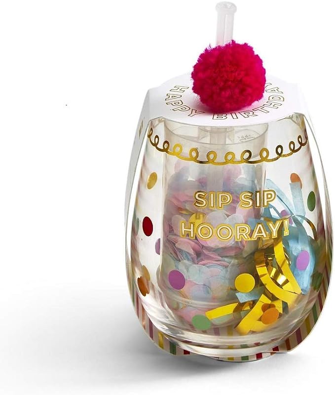 Sip Sip Hooray! Happy Birthday Stemless Glass with Confetti Popper and Noise Maker