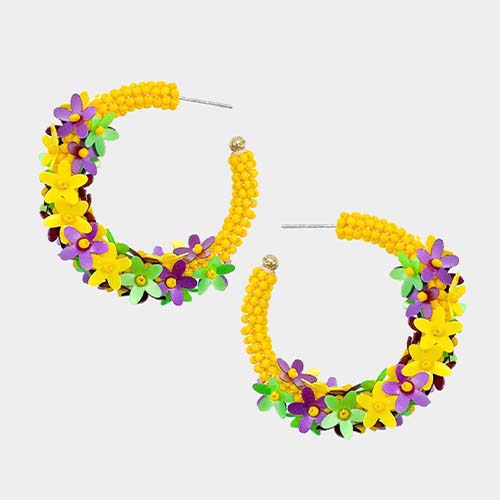 Mardi Gras Flower Hoop Earrings