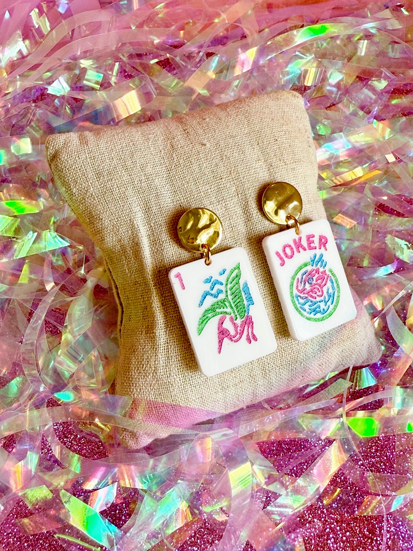 White Mahjong Tile Dangle Earrings