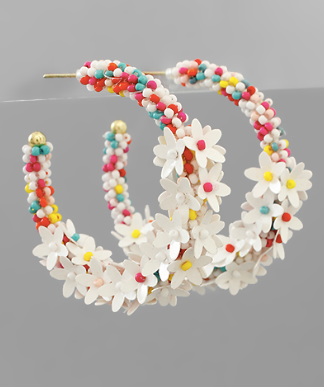 White & Multicolored Flower & Seed Bead Hoop Earrings