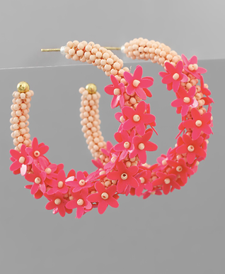 Pink & Fushsia Flower & Seed Bead Hoop Earrings