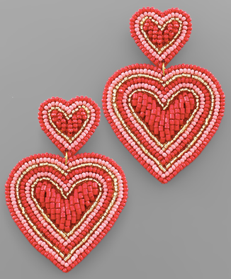 Red Beaded Double Heart Beaded Earrings