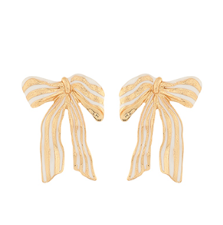White & Gold Striped Ribbon Earrings