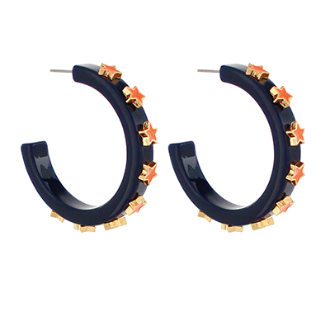 Navy Hoop Earrings with Orange Star Accents