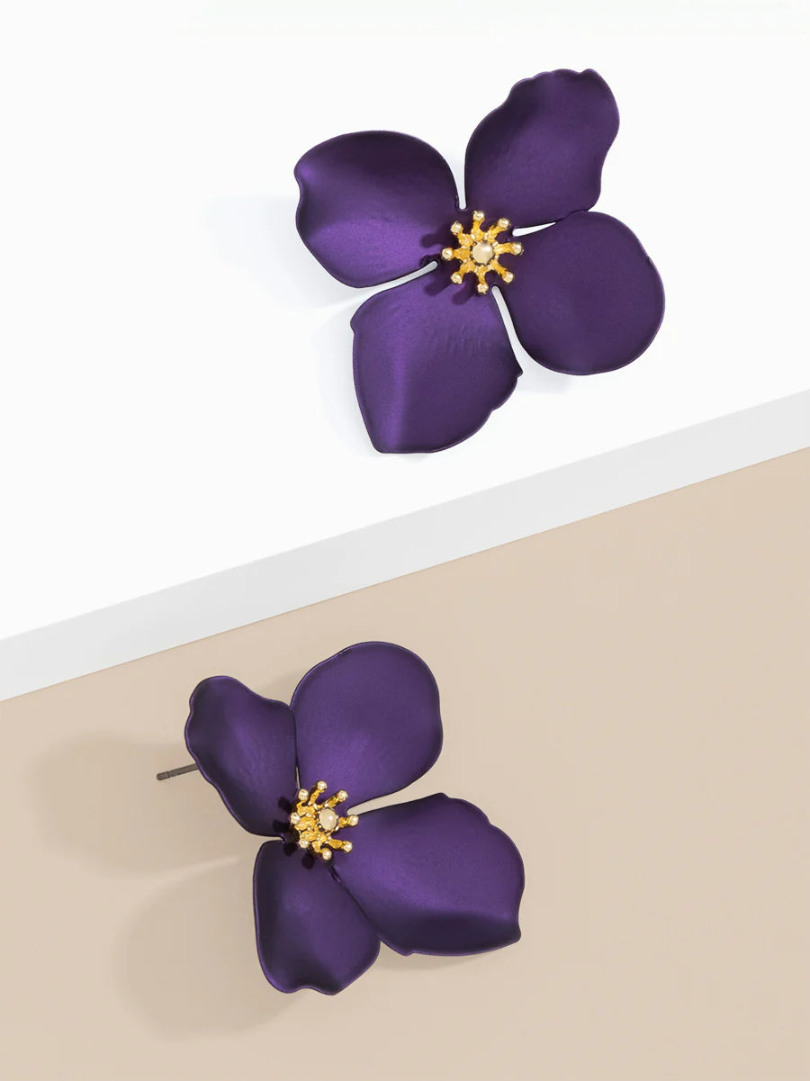 Matte Metallic Flower Earrings: Purple