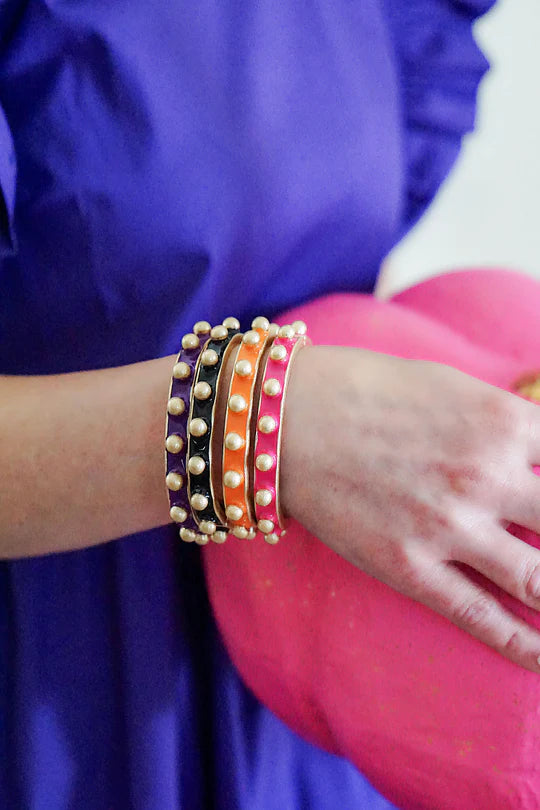 Jenna Chunky Enamel Studded Metal Hinge Bangle Bracelet: Orange