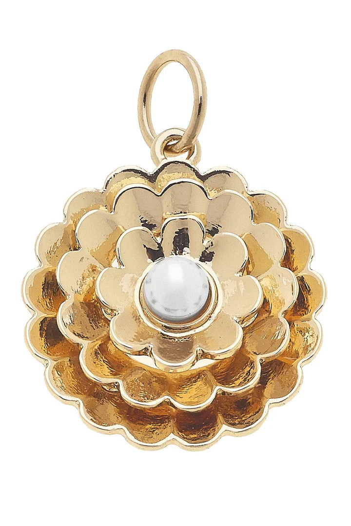 Zinnia Layered Pearl Flower Charm in Shiny Gold