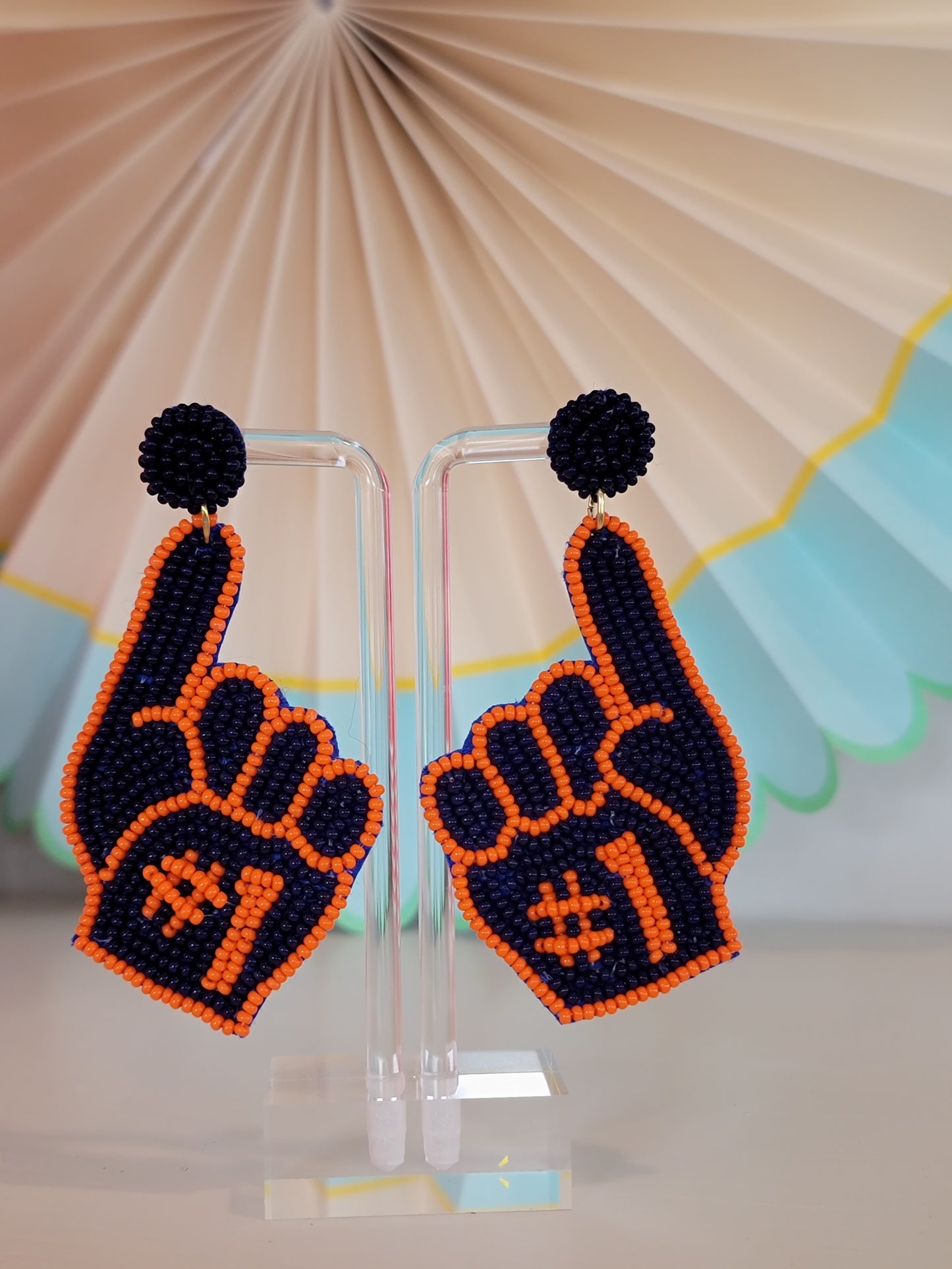 Beaded "#1 Hand" Earrings: Navy/Orange