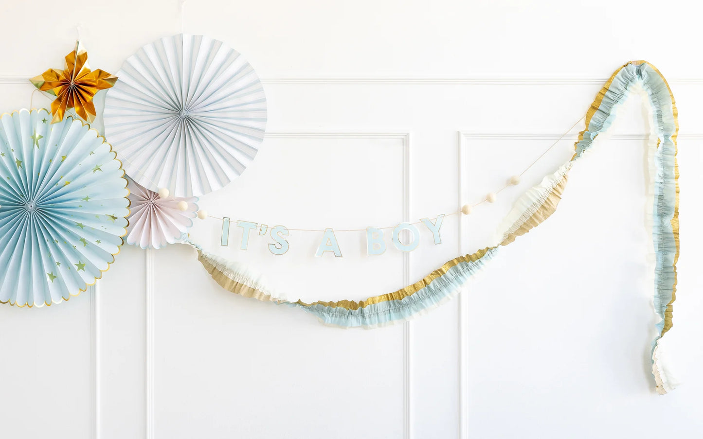 Crepe Paper Banner: Cream/Blue/Gold