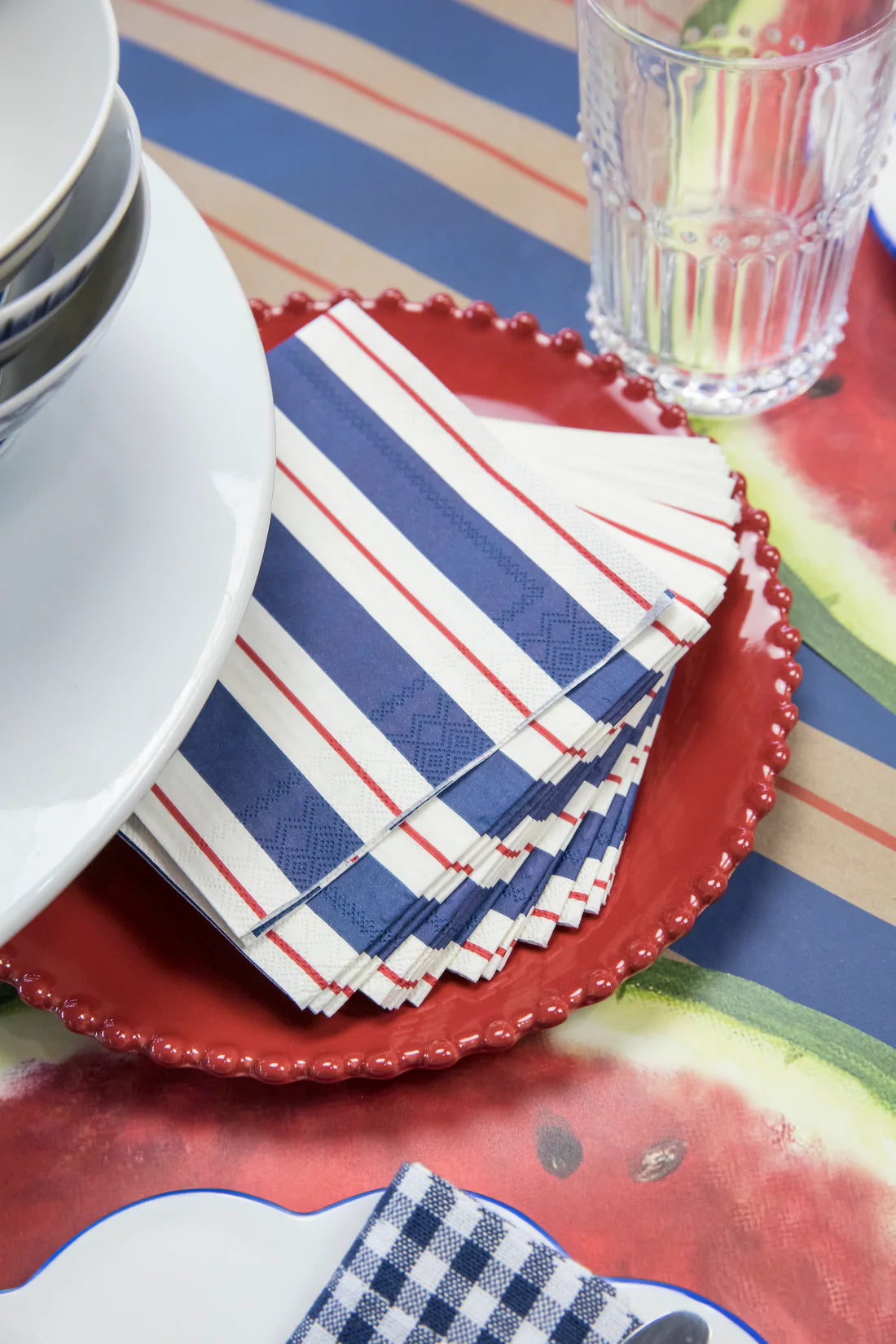Navy & Red Awning Stripe Cocktail Napkins