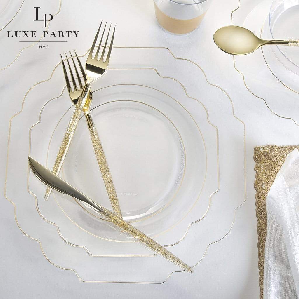 Scalloped Dinner Plates: Clear • Gold