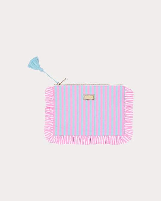 Fresh Water Blue x Conch Shell Pink Stripe Ruffle Pencil Pouch