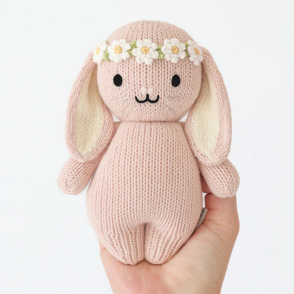 Rose with Ivory Floral Baby Bunny Hand-Knit Doll