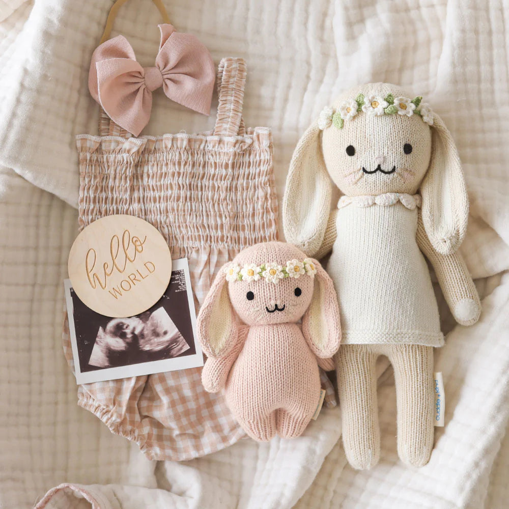 Rose with Ivory Floral Baby Bunny Hand-Knit Doll