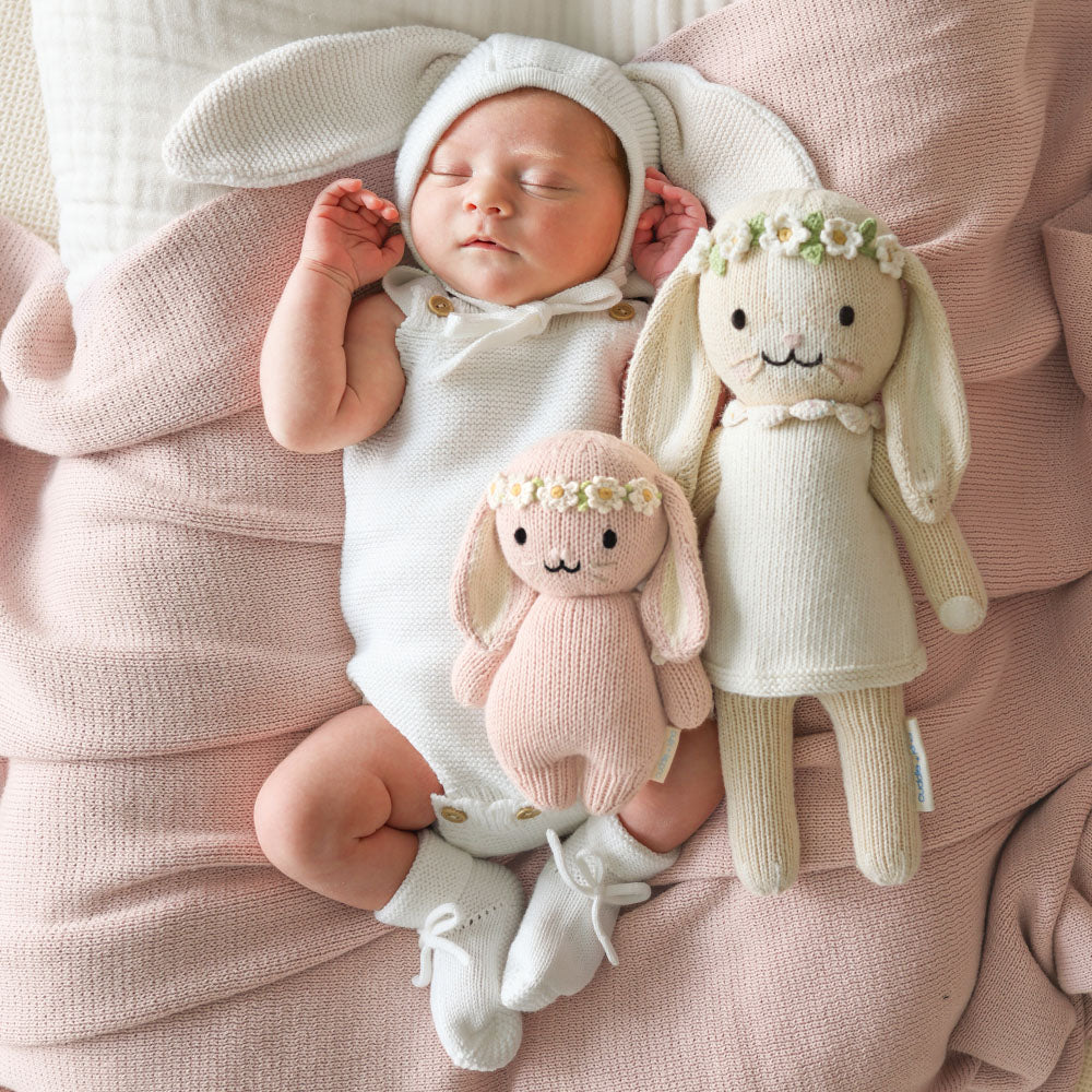 Rose with Ivory Floral Baby Bunny Hand-Knit Doll