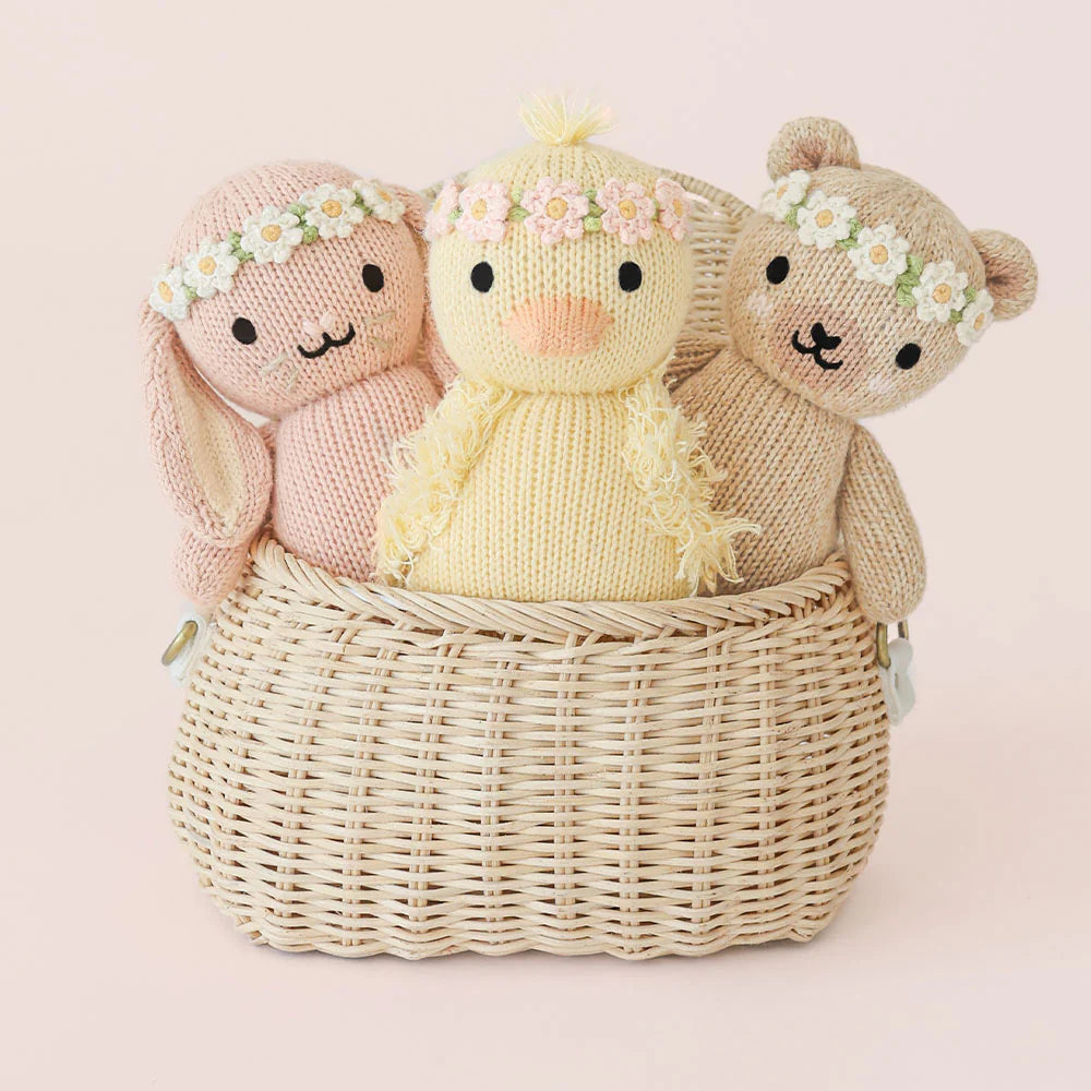 Rose with Ivory Floral Baby Bunny Hand-Knit Doll