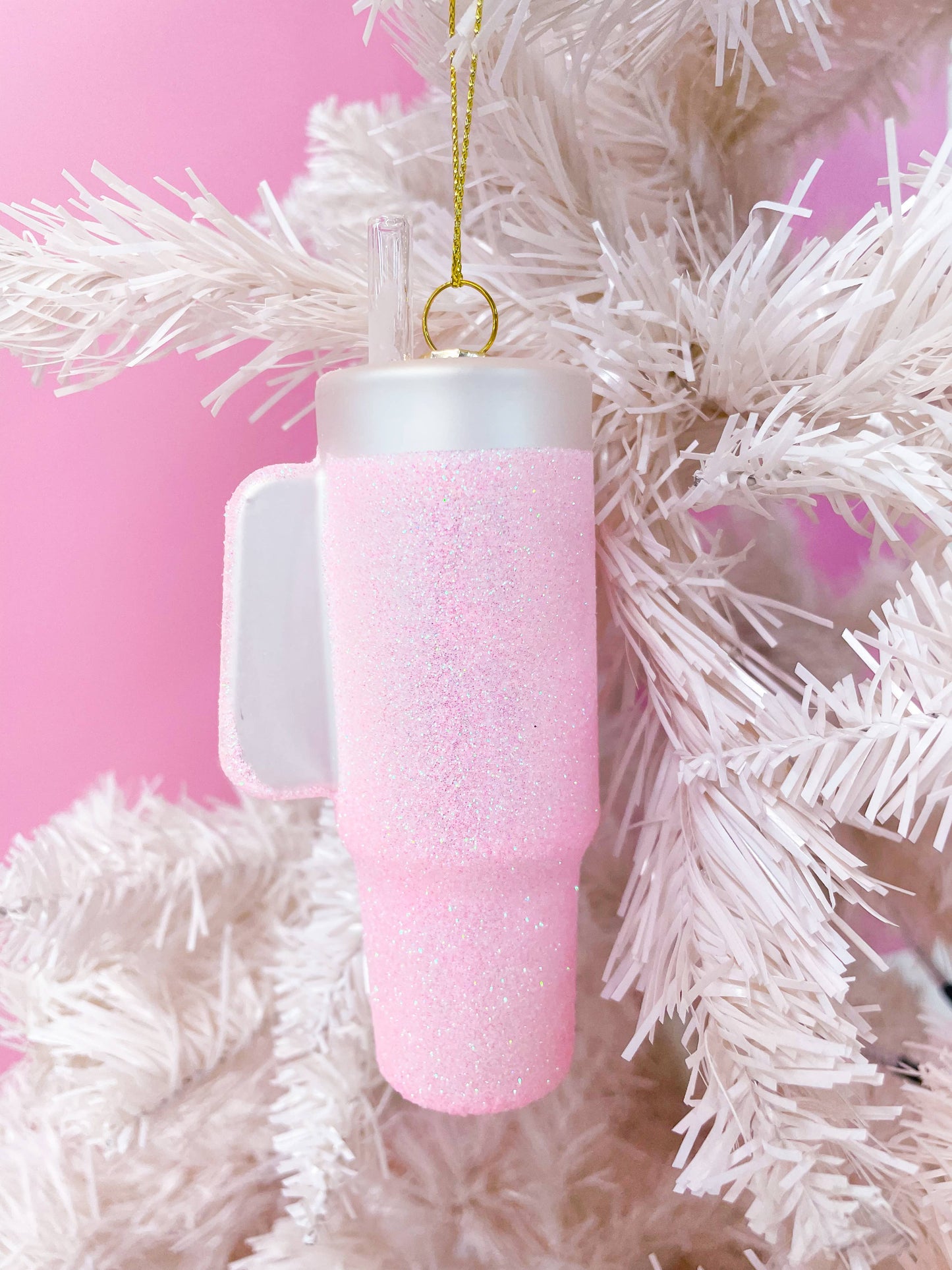 Pink Glittered Stanley Tumbler Christmas Ornament