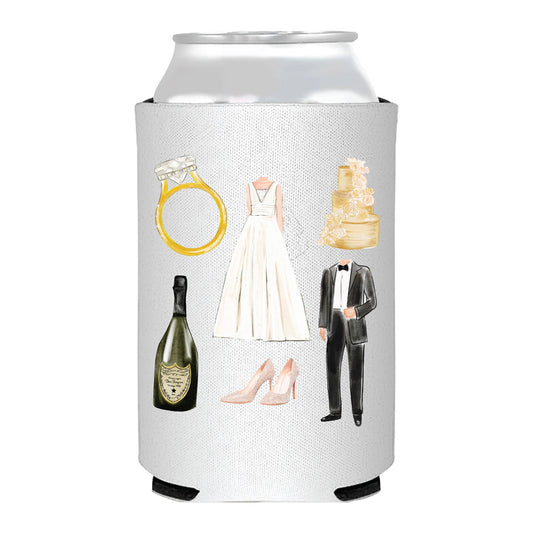 Watercolor Wedding Icons Collage Can Cooler