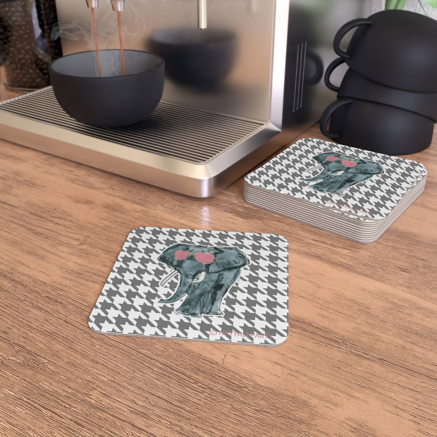 Elephant and Houndstooth Reversible Paper Party Coasters