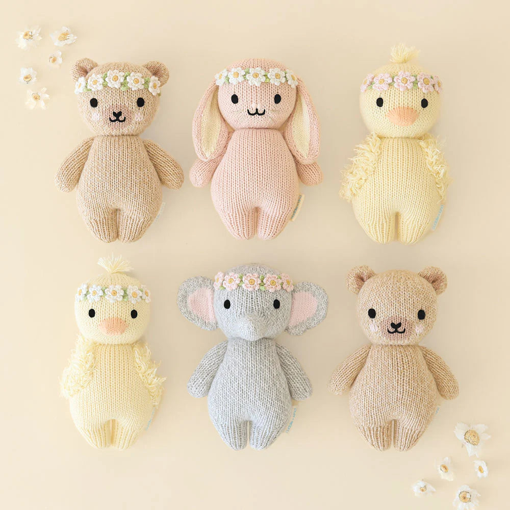 Rose with Ivory Floral Baby Bunny Hand-Knit Doll