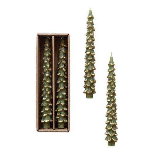 Cedar Green Unscented Tree Shaped Taper Candles with Gold Tips (Set of Two)