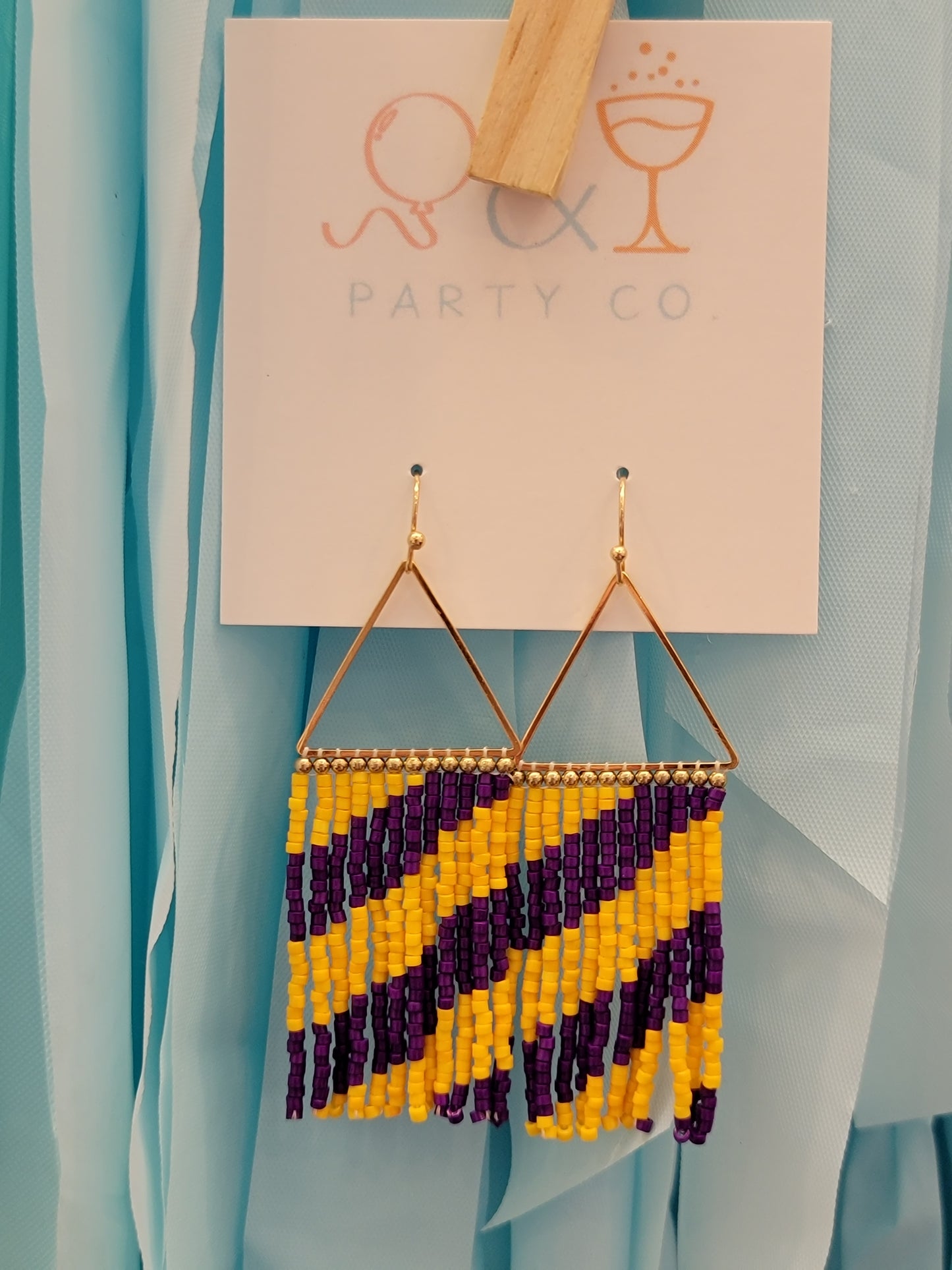 Triangle Seed Bead Tassel Earrings: Purple & Yellow