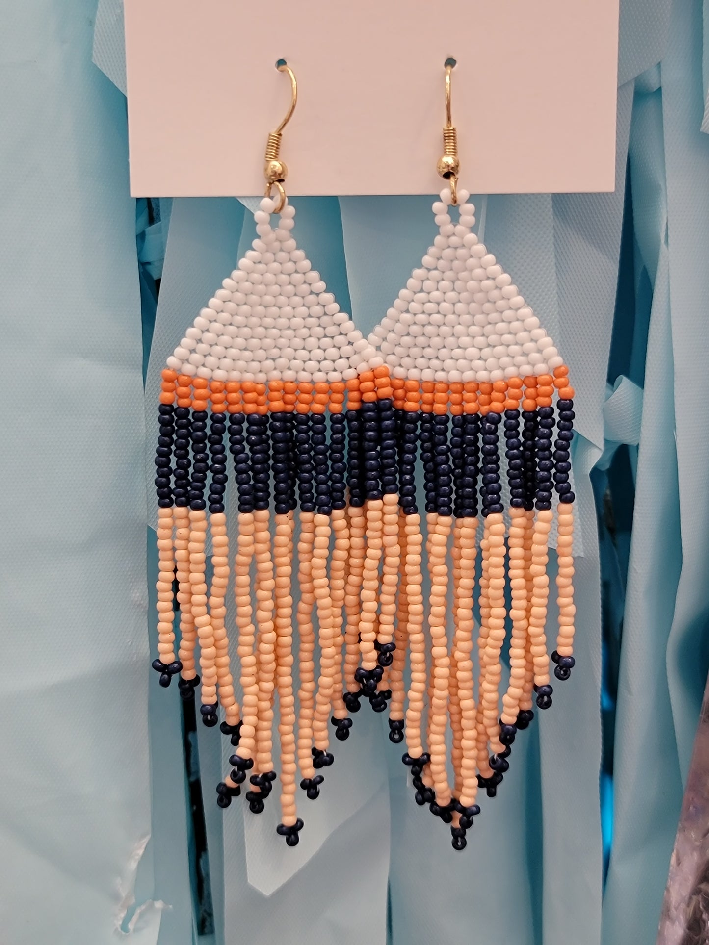 Seed Bead Tassel Earrings: Navy, Orange, & Coral