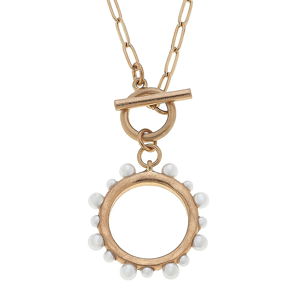 Melanie Pearl Studded Circle T-Bar Delicate Necklace in Worn Gold