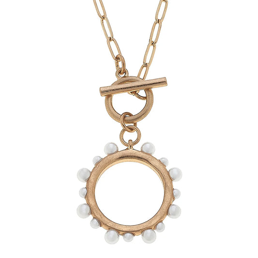 Melanie Pearl Studded Circle T-Bar Delicate Necklace in Worn Gold