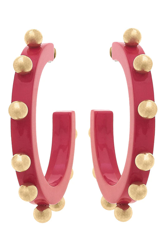 Kelley Studded Metal Hoop Earrings: Fuchsia