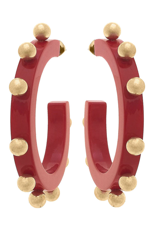 Kelley Studded Metal Hoop Earrings: Red