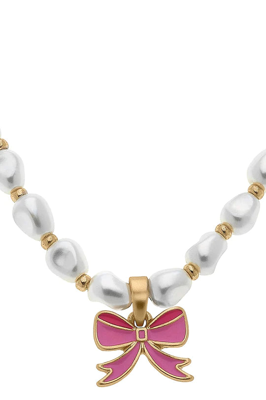Madeleine Pearl & Bow Children's Necklace: Pink