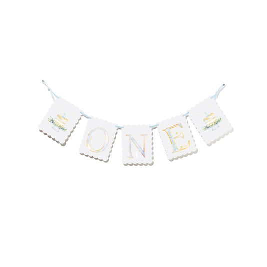 Blue "ONE" Highchair Banner with Cake End Pieces