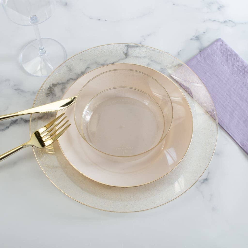 Plastic Dinner Plates: Clear • Gold Glitter