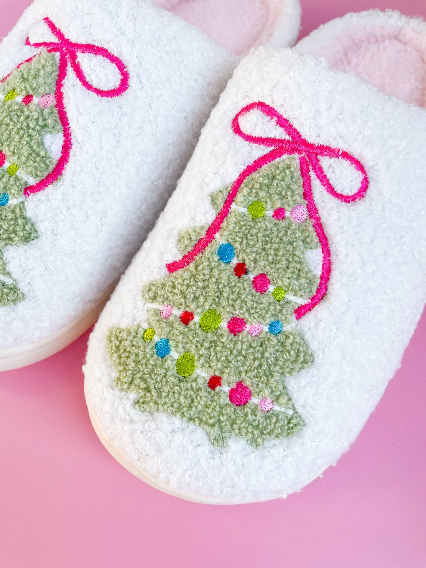 Pink Bow Christmas Tree Slippers (Adult Sizes)