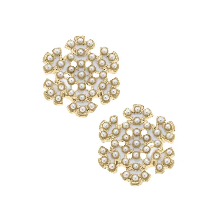 Pearl Studded Enamel Snowflake Stud Earrings