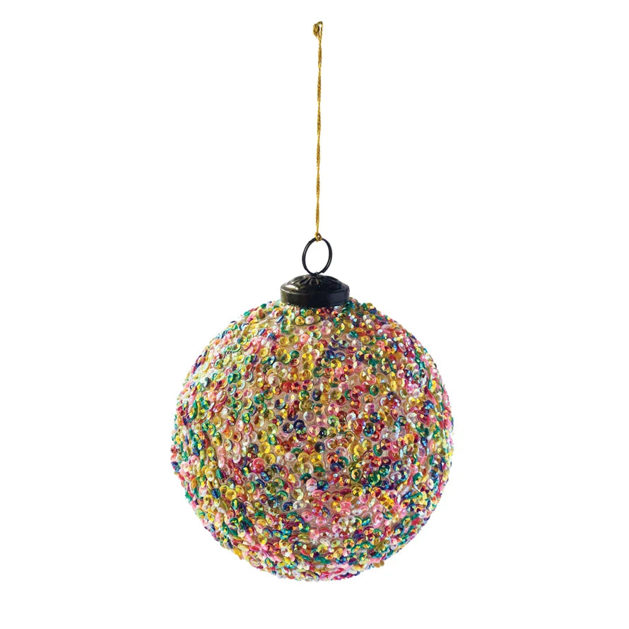 Recycled Glass Ball Ornament with Multi-Colored Sequins