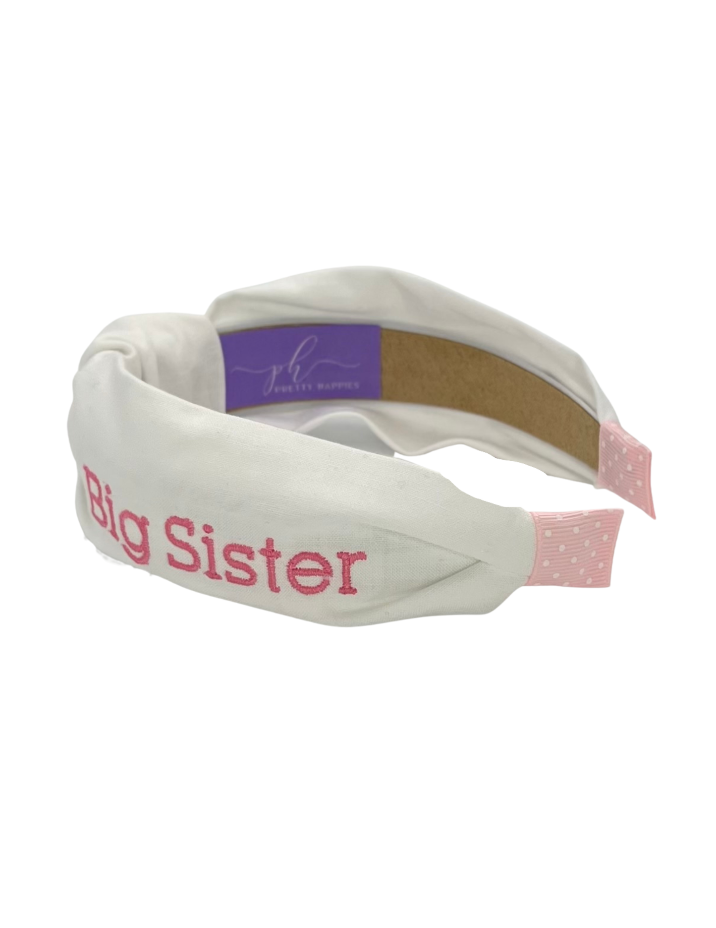 Big Sister in Pink Embroidery on White Handmade Headband