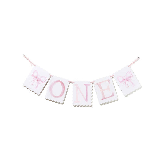 Pink "ONE" Highchair Banner with Pink Bow/Puppy Dog End Pieces