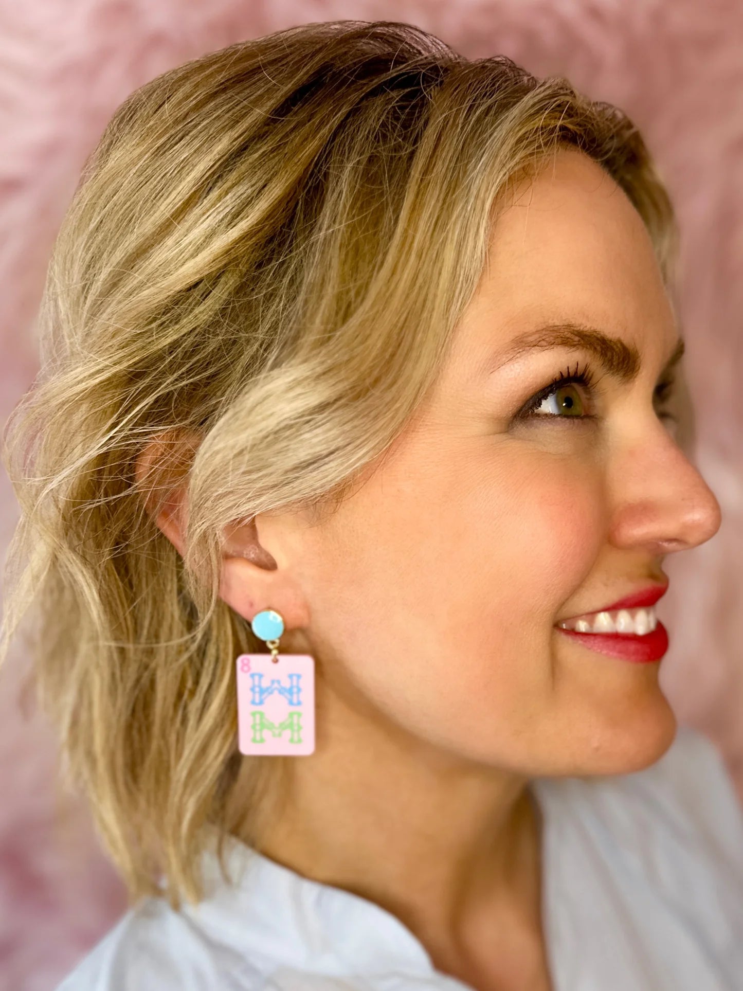 Pink Mahjong Tile Dangle Earrings