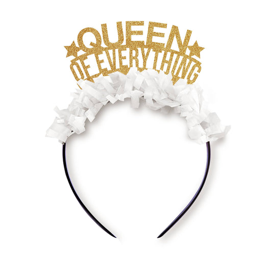 Festive Gal - Queen of Everything Birthday Headband Party Crown: Gold words/white fringe