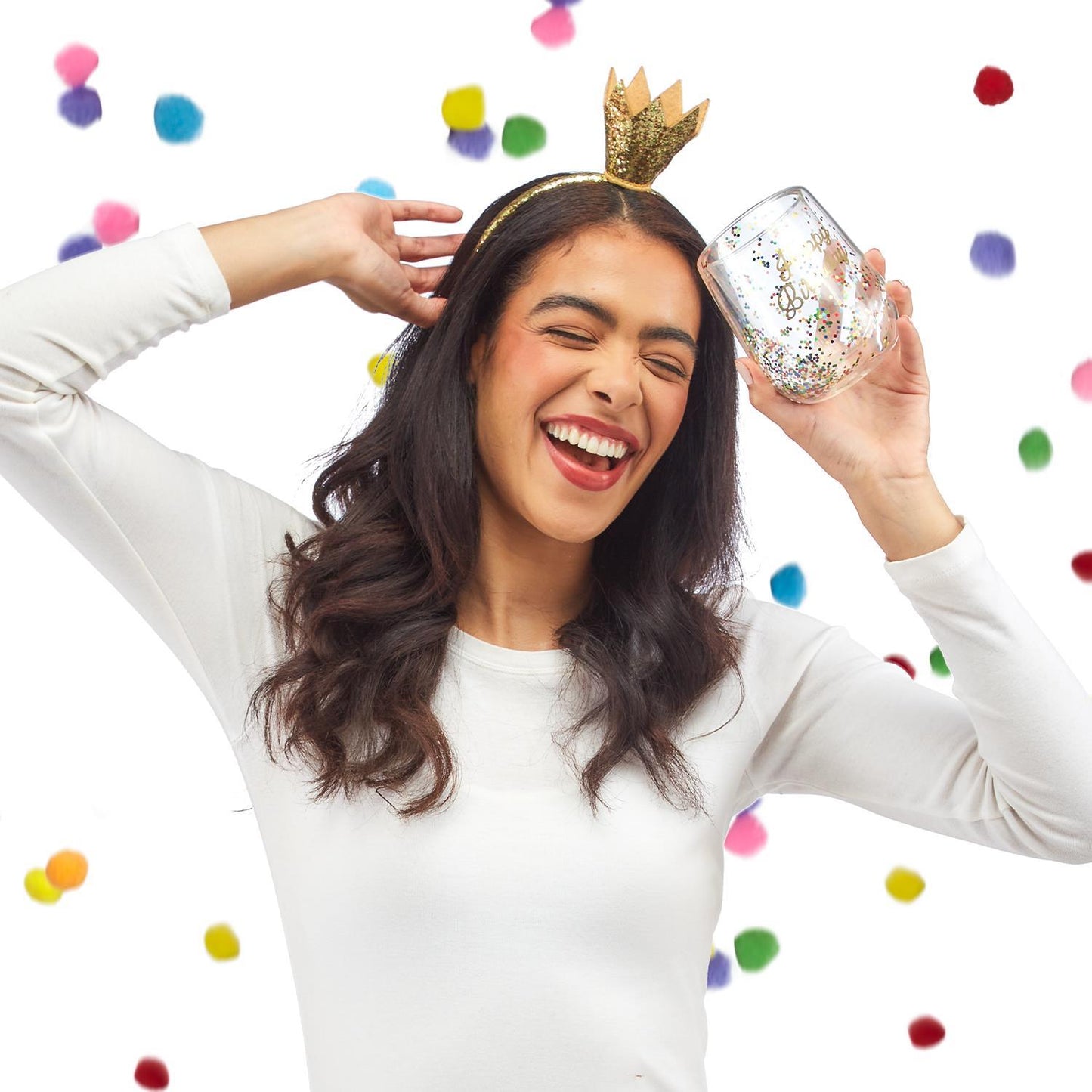 Birthday Queen Stemless Wine Glass and Glitter Crown Headband