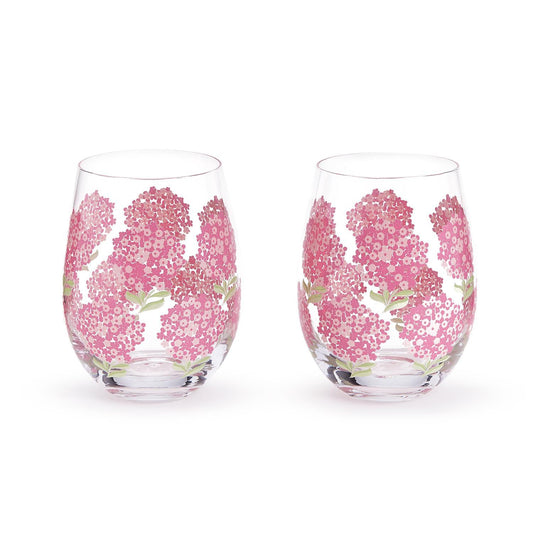 Pink Hydrangea Stemless Wine Glass