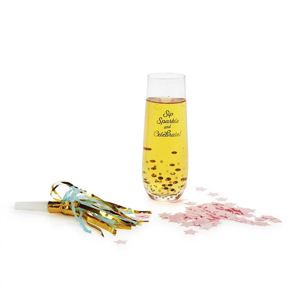 Stemless Champagne Glass with Star Bath Confetti and Noise Maker