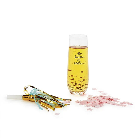 Stemless Champagne Glass with Star Bath Confetti and Noise Maker