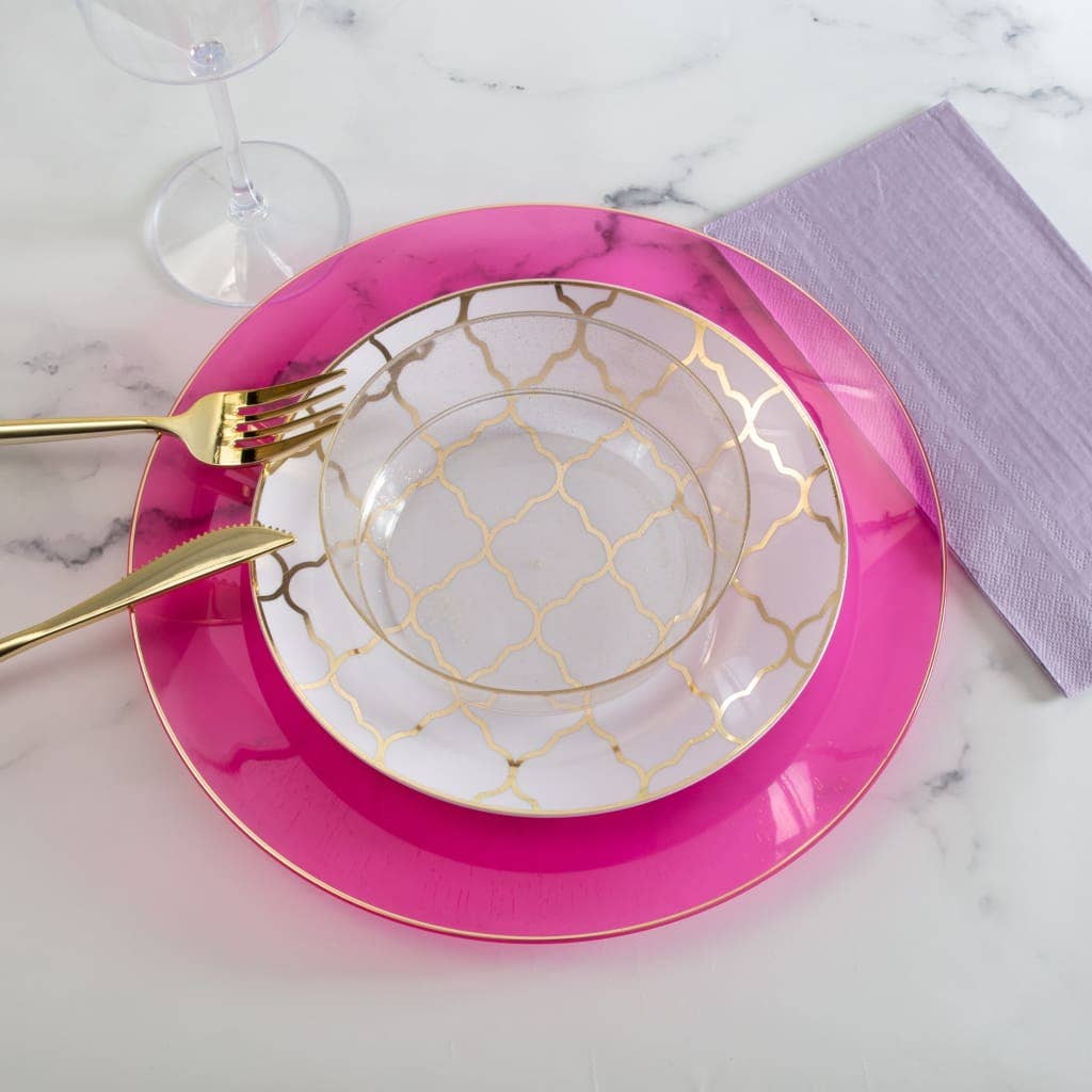 Plastic Dinner Plates: Transparent Hot Pink • Gold