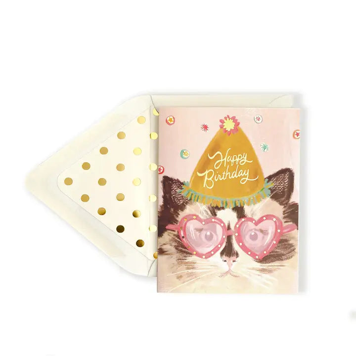 Happy Birthday Cat with Heart Glasses Greeting Card